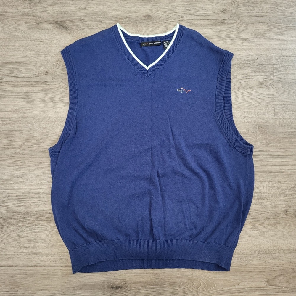 Greg Norman Mens XXL Navy Blue V-Neck Cotton Golf Sweater Vest Shark Logo